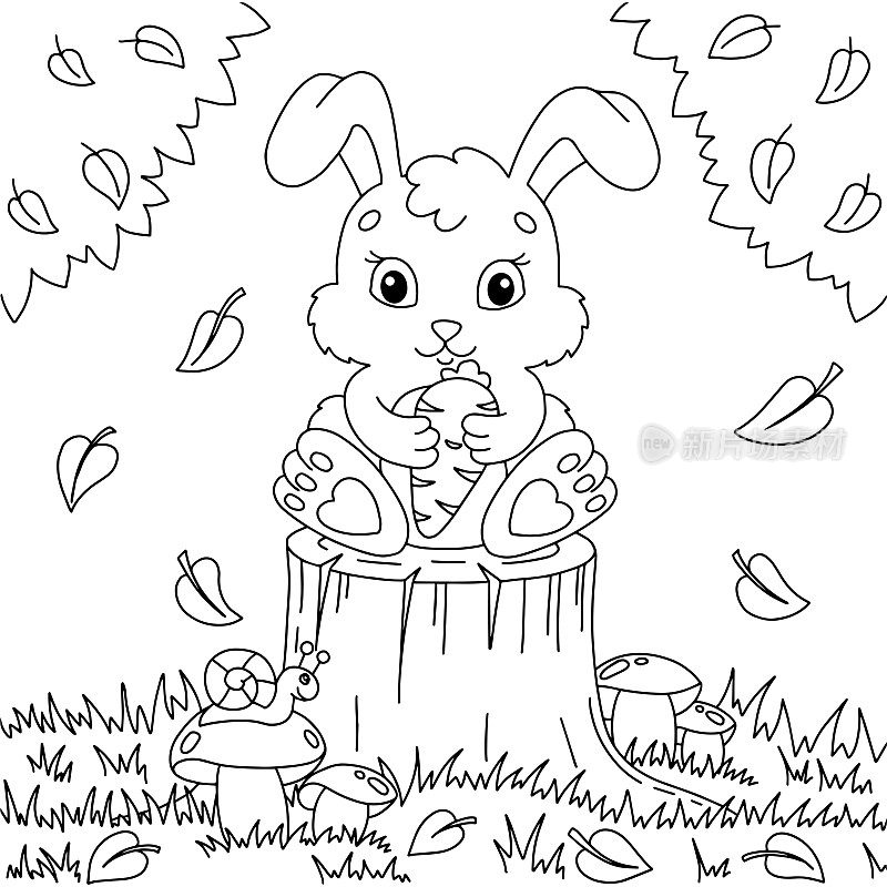 一只可爱的兔子用爪子抓着一根胡萝卜。儿童涂色书页。卡通风格。矢量插图孤立的白色背景。