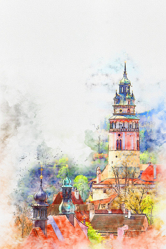 水彩画风景的cesky克鲁姆洛夫著名地标在捷克共和国。