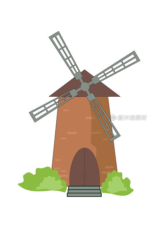 老式的石头风车，棕色的白色背景，矢量