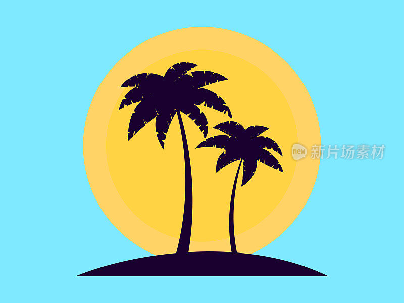 日落时的两棵棕榈树。浪漫的热带日落。80年代的复古风格。设计为广告小册子，横幅，海报，旅行社。矢量图