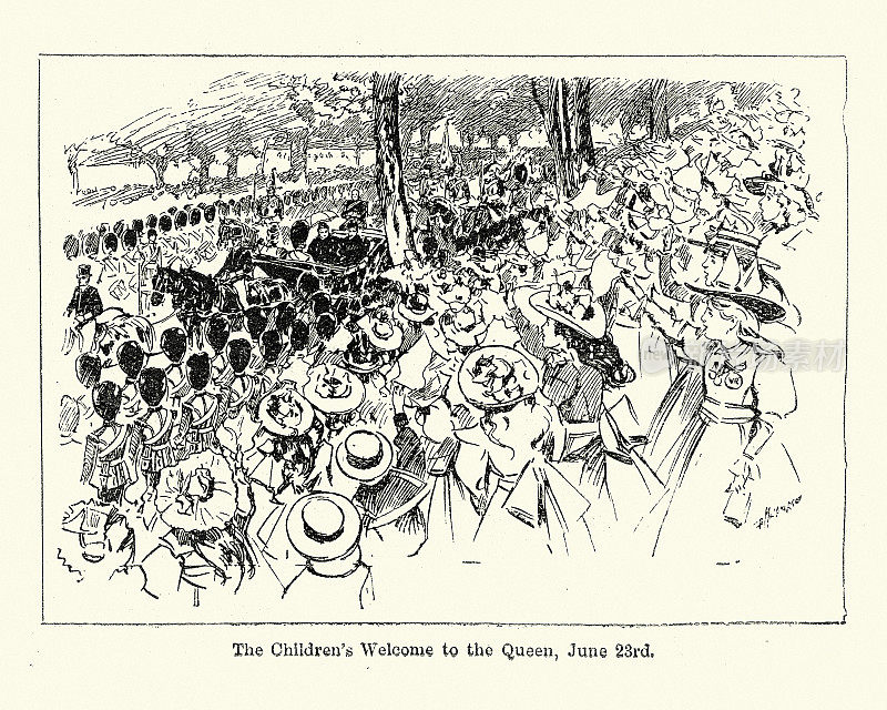 儿童欢迎维多利亚女王的经典插画，1897年6月23日的周年庆典
