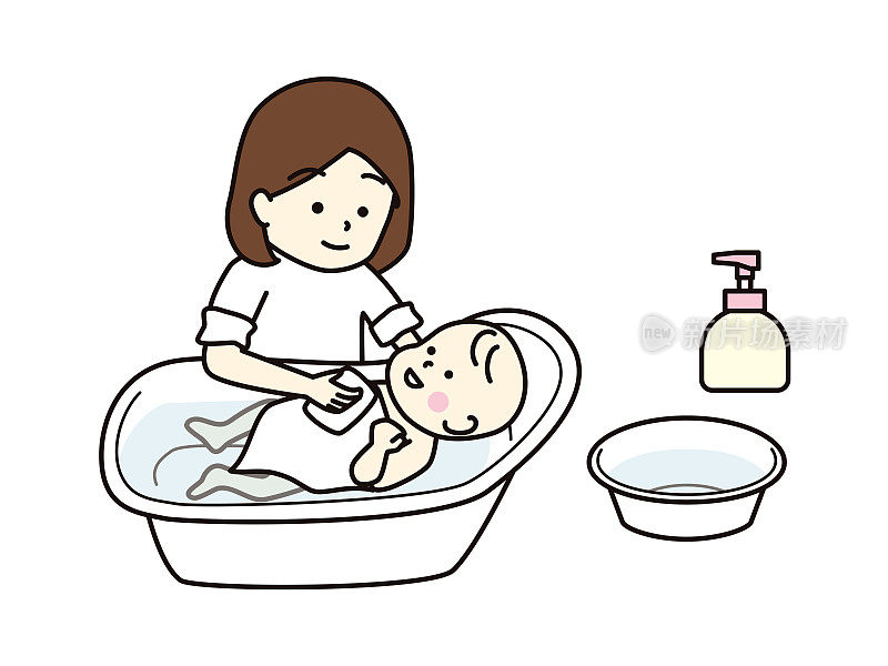 母亲用婴儿浴盆给她的婴儿洗澡。