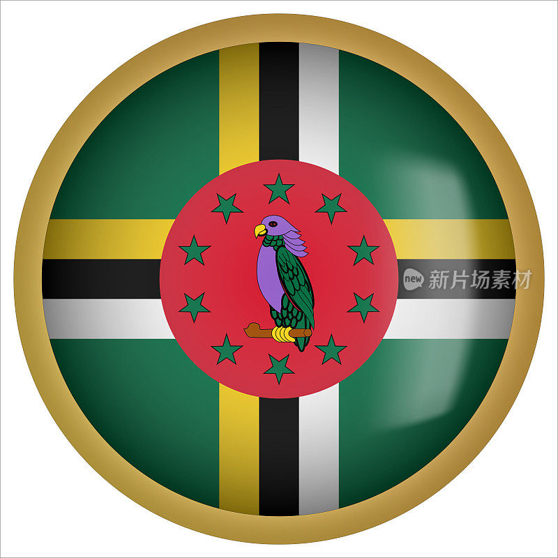 多米尼加3D圆形国旗按钮图标与黄金框架