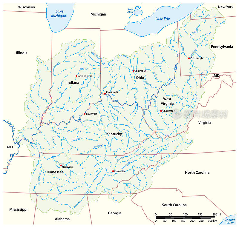 美国俄亥俄河流域的矢量地图