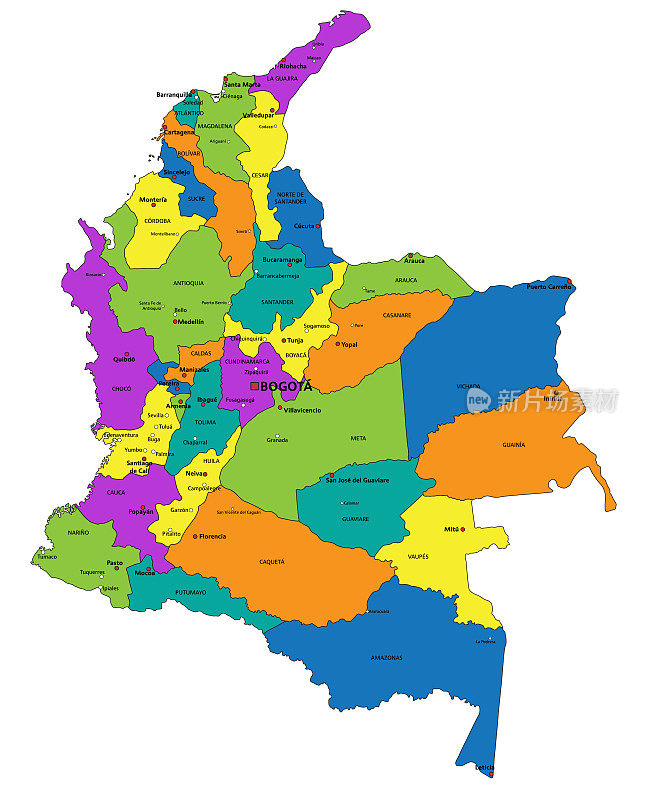彩色哥伦比亚政治地图明确标记，分开的层。矢量插图。