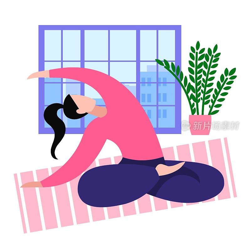 年轻女子在房间或工作室的垫子上做瑜伽练习。居家的理念，健康的生活方式。窗边的女孩和室内植物。