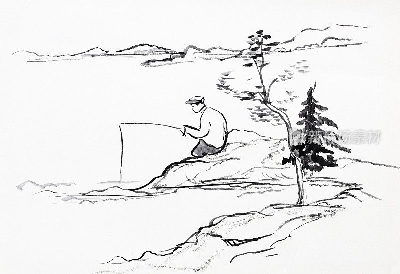 河岸上孤独的渔夫