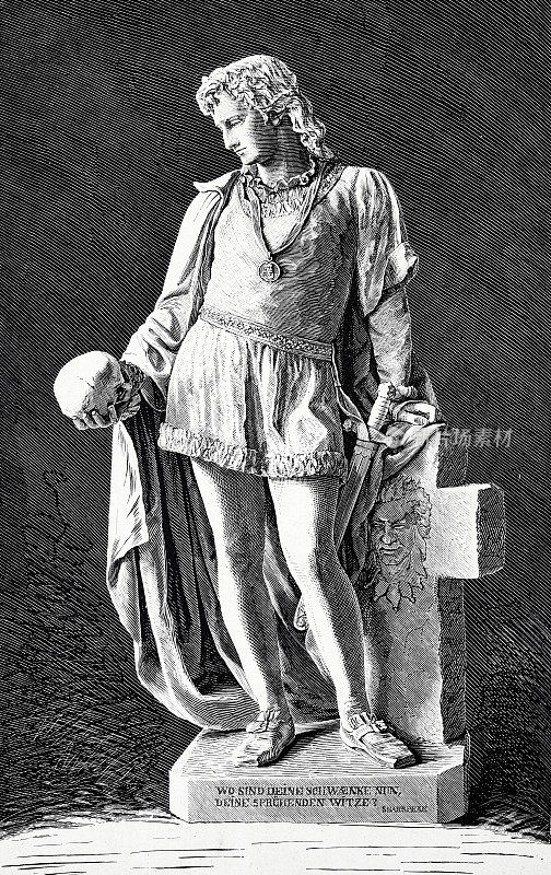 哈姆雷特雕像，手持骷髅头和一把剑，倚在墓碑前