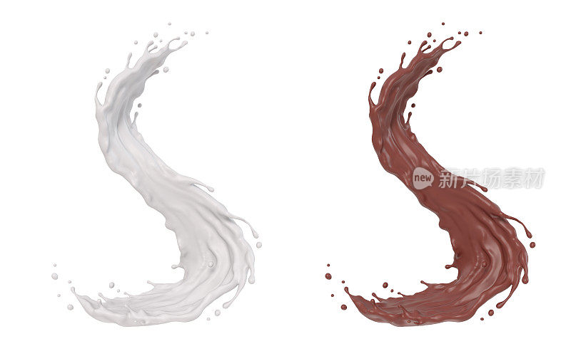 白色背景上的巧克力和牛奶飞溅，3d渲染包括剪切路径。