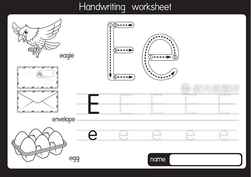 黑白矢量插图与字母E大写字母或大写字母的儿童学习练习ABC