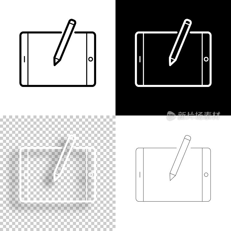 平板电脑与笔-水平位置。图标设计。空白，白色和黑色背景-线图标