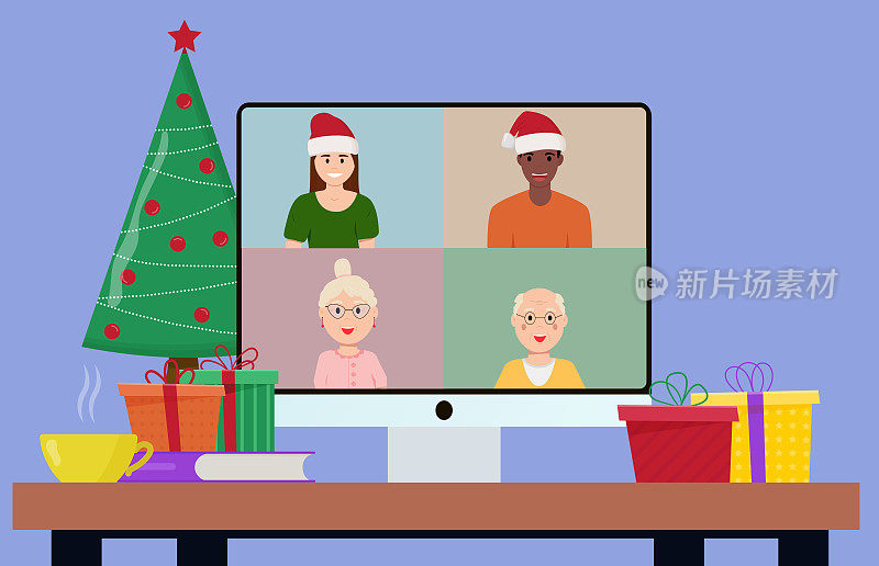 网上庆祝圣诞节和新年。在线派对，视频通话。平面向量插图。