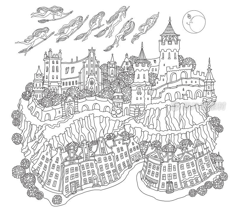 矢量幻想景观，童话小镇，中世纪城堡山上，女巫骑着扫帚飞到安息日。黑白成人涂色书页面