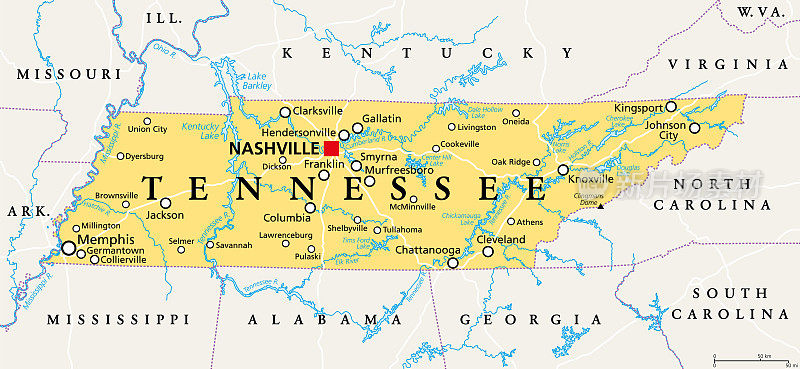 田纳西州，TN，美国政治地图，绰号“志愿者之州”