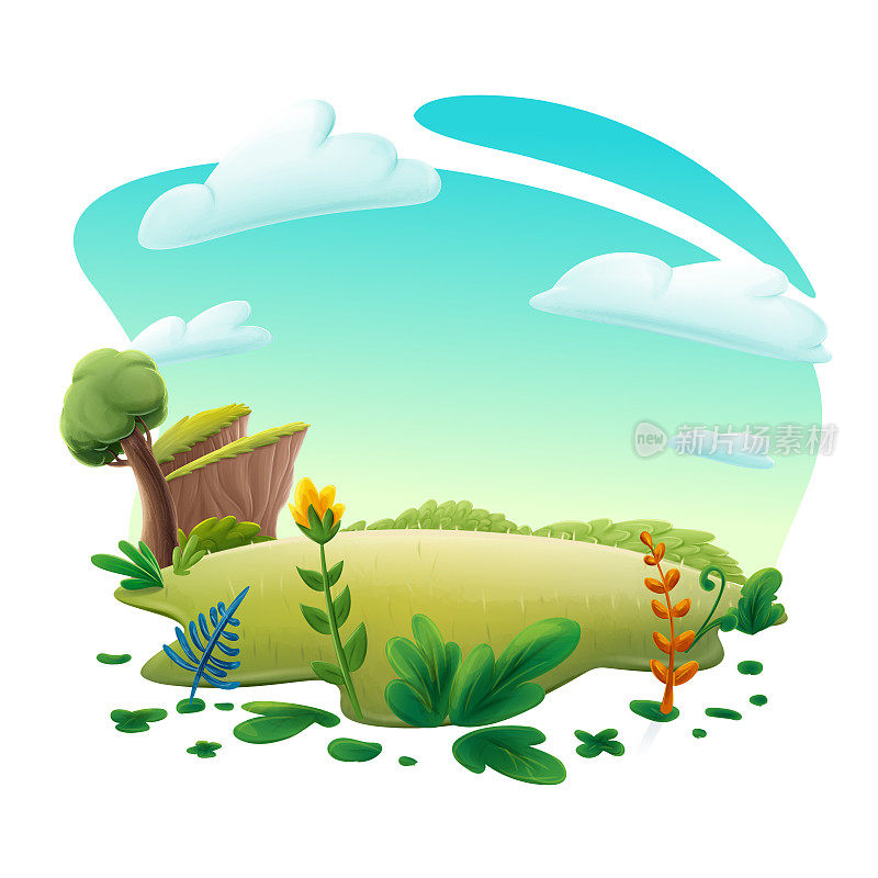 风景的插图，树木，草和云