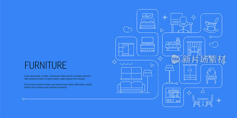家具相关矢量横幅设计概念，现代线条风格与图标