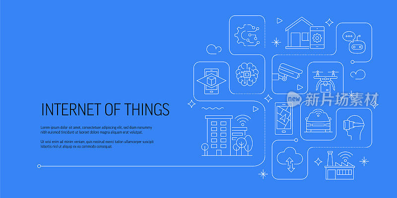 物联网相关矢量横幅设计概念，现代线条风格与图标