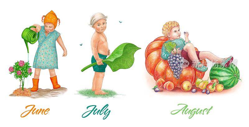 的孩子。夏天。一个女孩正在浇花。一个穿着短裤，拿着一片大植物叶子的男孩。一个男孩和水果。一套水彩插图剪辑艺术明信片。
