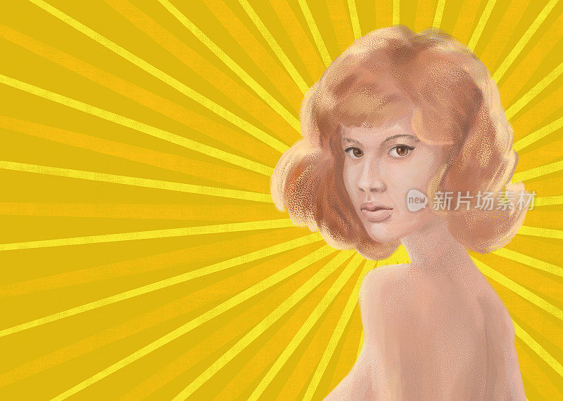 一个女人的肖像。四分之三,看着观众。卷曲的头发。混合种族