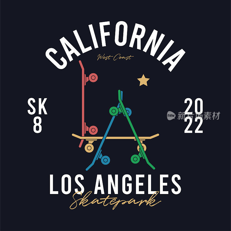 滑板的t恤设计。加利福尼亚，洛杉矶滑板公园用滑板为t恤印花。滑板主题的t恤和服装印花。向量。