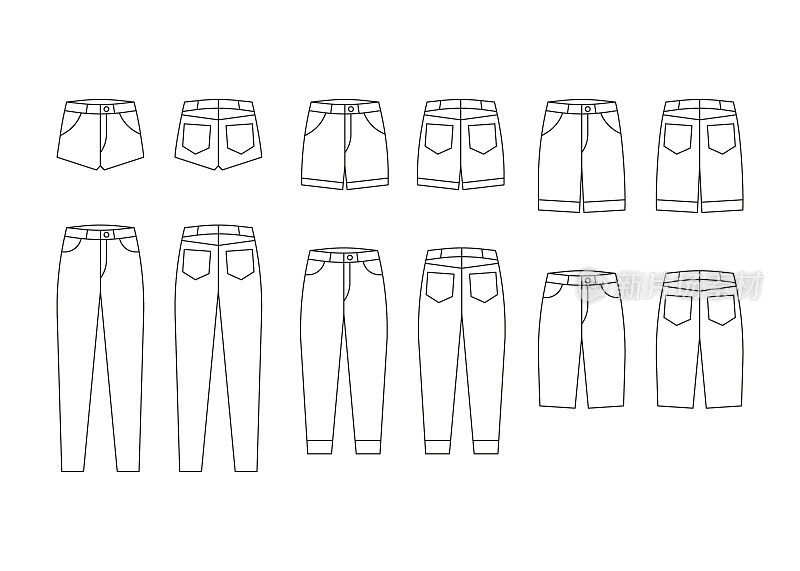 牛仔裤裤子和短裤轮廓，裤子牛仔布有口袋，线条图标。面料裤子样机与前，后视图。矢量平面插图