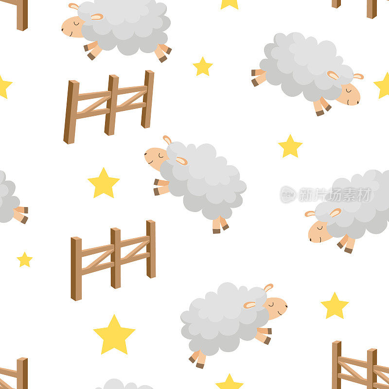 矢量无缝模式在白色背景。可爱的卡通羊跳过栅栏。数羊才能入睡。