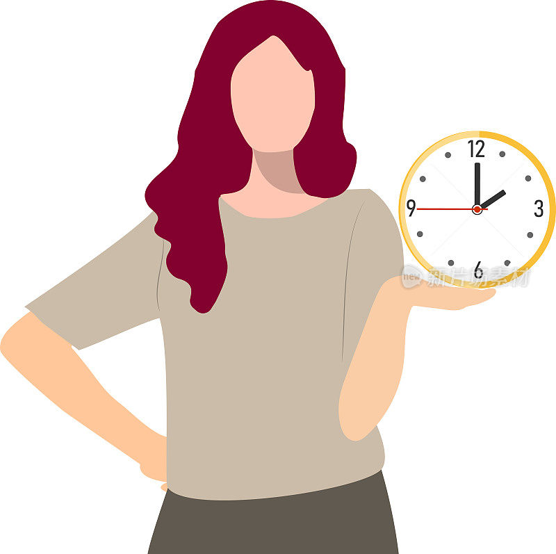 一名中年妇女拿着时钟显示2点，象征着工作和职业生活的协调困难