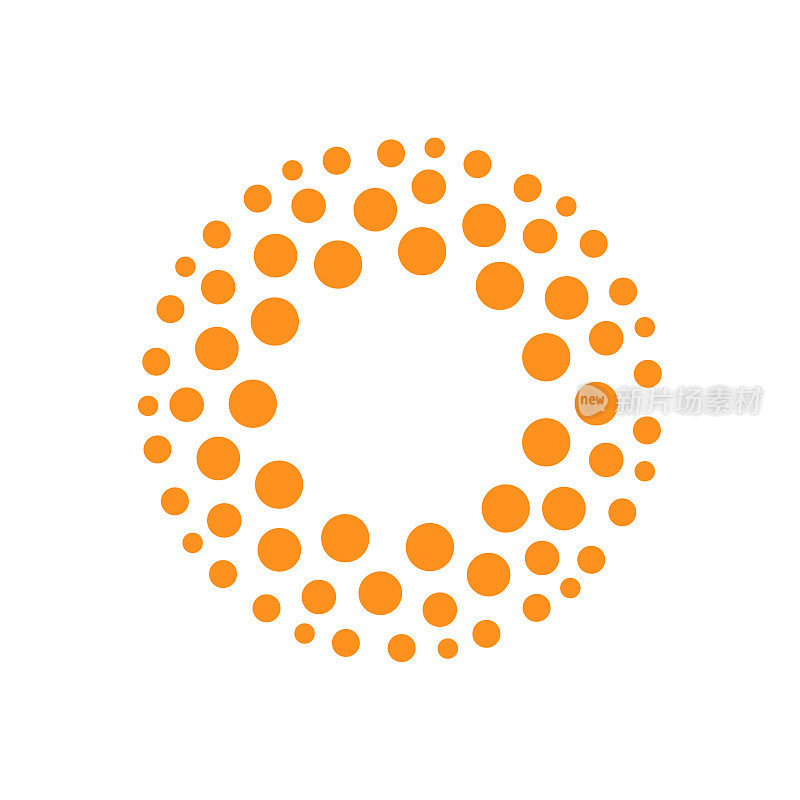 橙色抽象圆形标志模板，半色调圆点艺术创意标志。热和温暖的太阳图标，创新科技和教育的象征。水疗，太阳能晒黑和洗发水向量徽