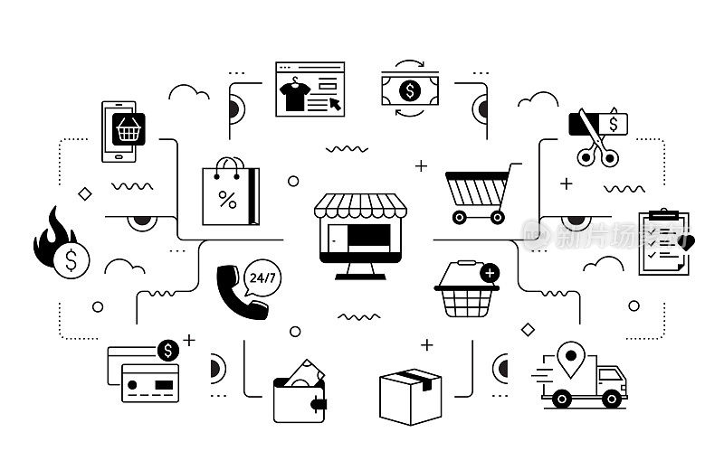 电子商务相关矢量横幅设计概念，现代线条风格与图标