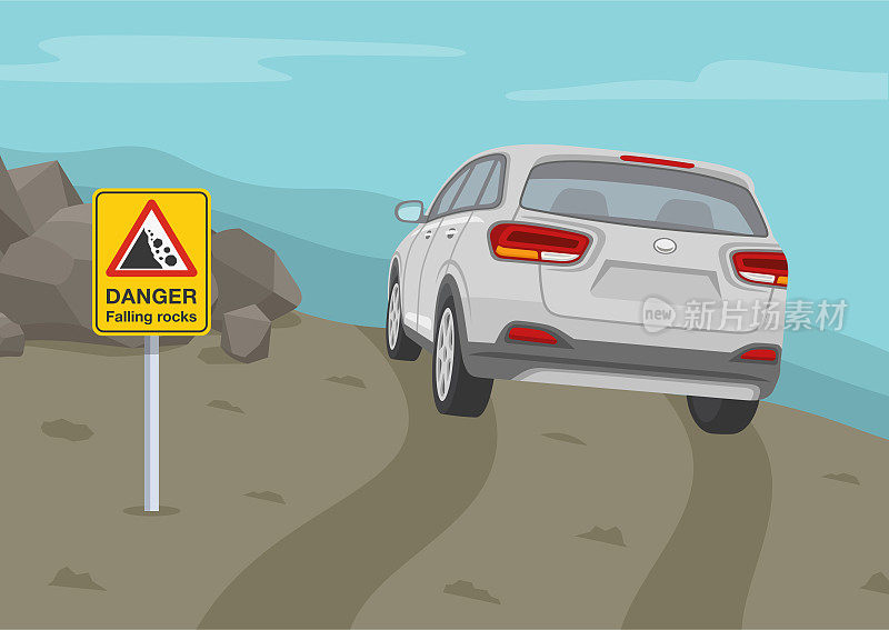 越野车辆侧倾角度。一辆越野车在山上的后视图。山路上的山体滑坡和岩崩。“落石”警告。