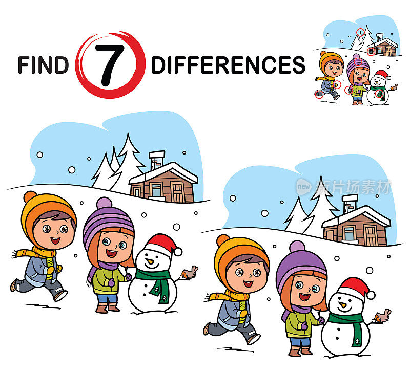 发现差异，快乐的孩子在冬天堆雪人