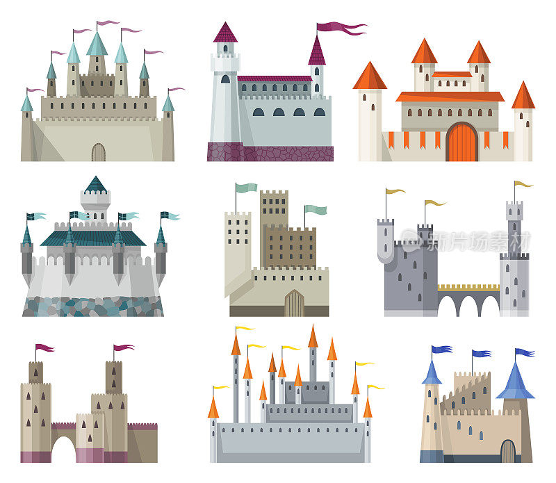 中世纪的城堡王国。中世纪历史时期的童话建筑。矢量建筑外观设计。皇家城堡