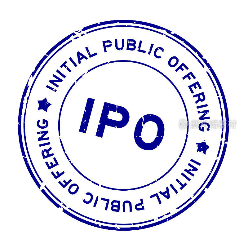 垃圾蓝色IPO首次公开发行字圆形橡胶印章邮票在白色背景