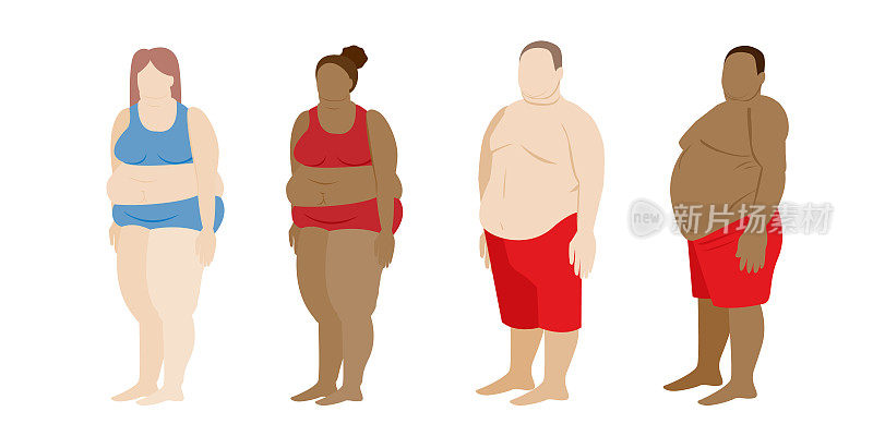 胖男人，胖女人。肥胖和超重的人。荷尔蒙失调糖尿病不健康饮食缺乏运动甲状腺患者。矢量卡通集人插图于一身。