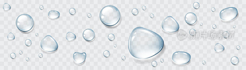 逼真的透明水滴设置。雨点落在玻璃上。孤立的矢量图