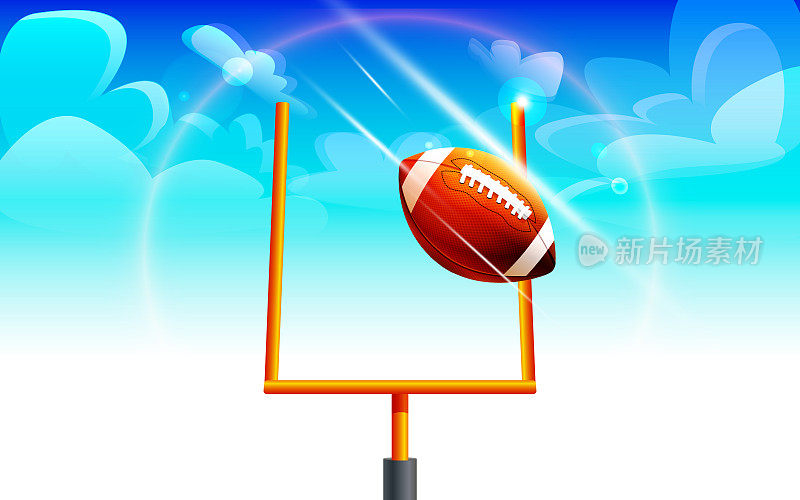 现实风格的运动和胜利概念。球门的大门上有一个足球，用来打对着天空的美式橄榄球。