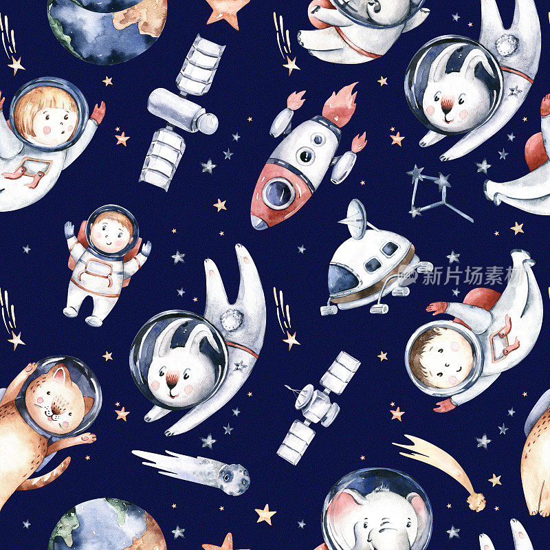 航天员无缝图案。宇宙孩子婴儿男孩女孩大象，狐狸猫和兔子，太空服，宇航员恒星，行星，月球，火箭和航天飞机水彩飞船背景