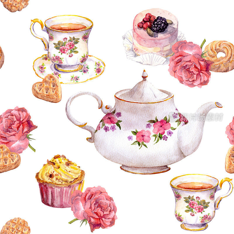 茶时间——茶壶、茶杯、蛋糕、鲜花。重复的模式。水彩画