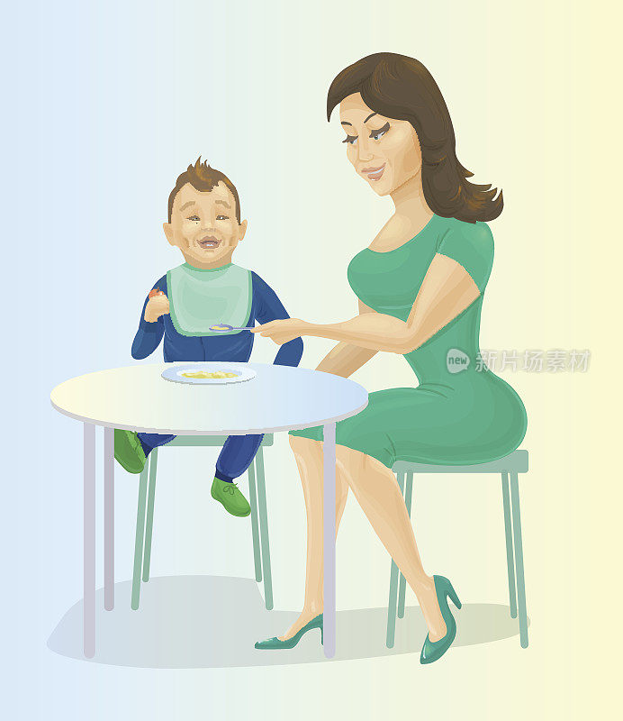 母亲在餐桌上给婴儿喂奶