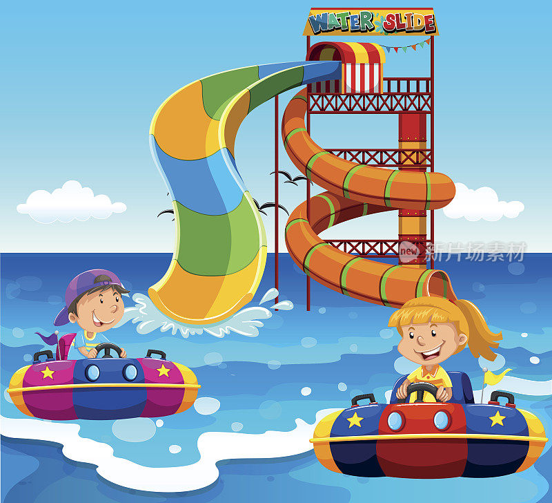 男孩和女孩在海上玩水滑梯