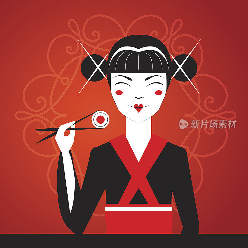东方女人用传统的日本化妆品吃寿司。