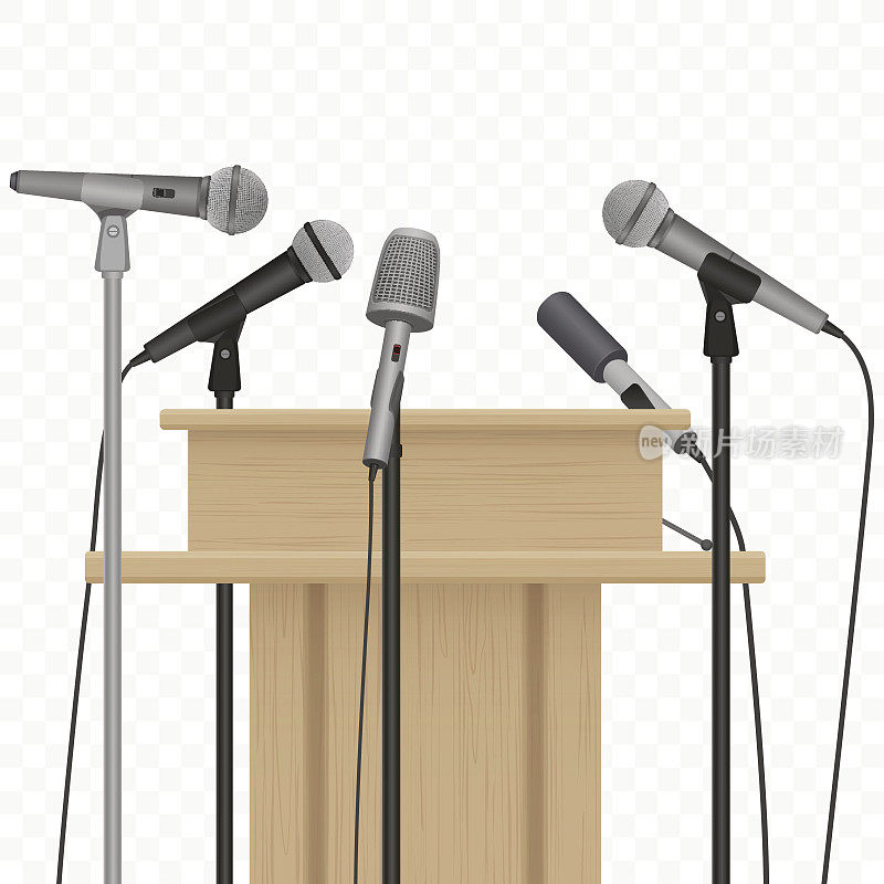 新闻发布会演讲台上的讲坛上有麦克风