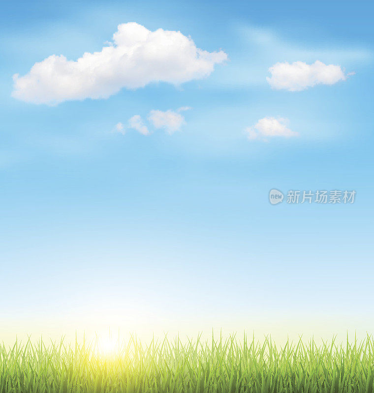 绿草草坪，蓝天上云和太阳