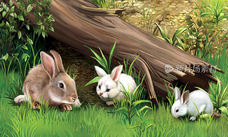 兔子一家在倒下的树下吃草