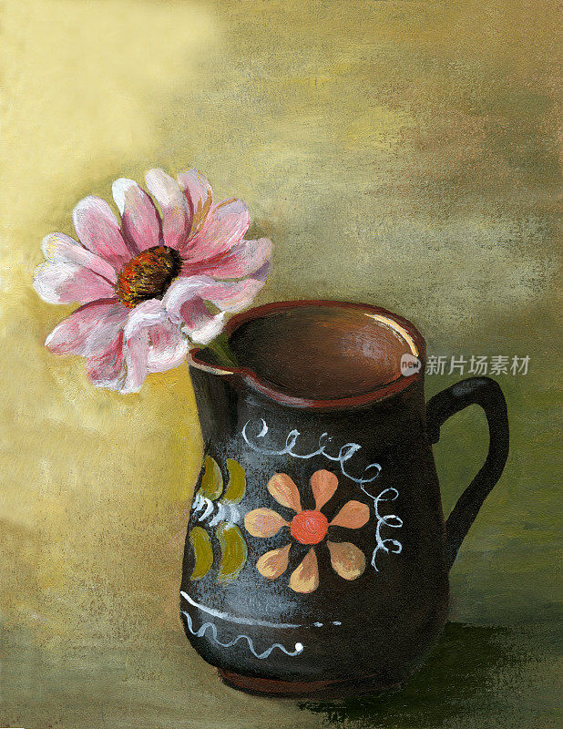 陶瓷装饰花瓶，粉红色的花，丙烯画