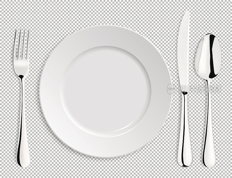 现实的空矢量盘子与勺子，刀和叉孤立。EPS10中的设计模板