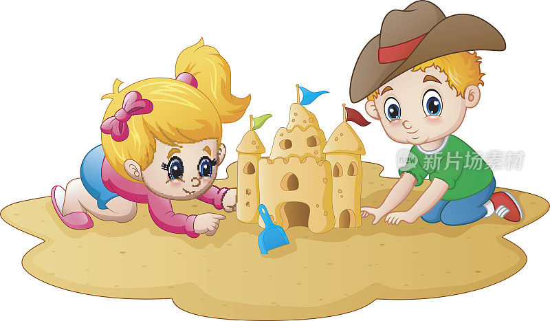 小男孩和小女孩在海滩上堆沙堡