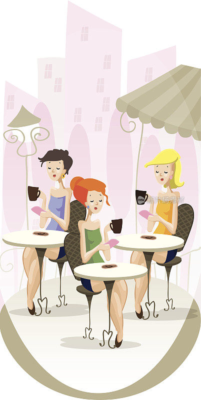 女孩们坐在粉色咖啡馆里玩手机。