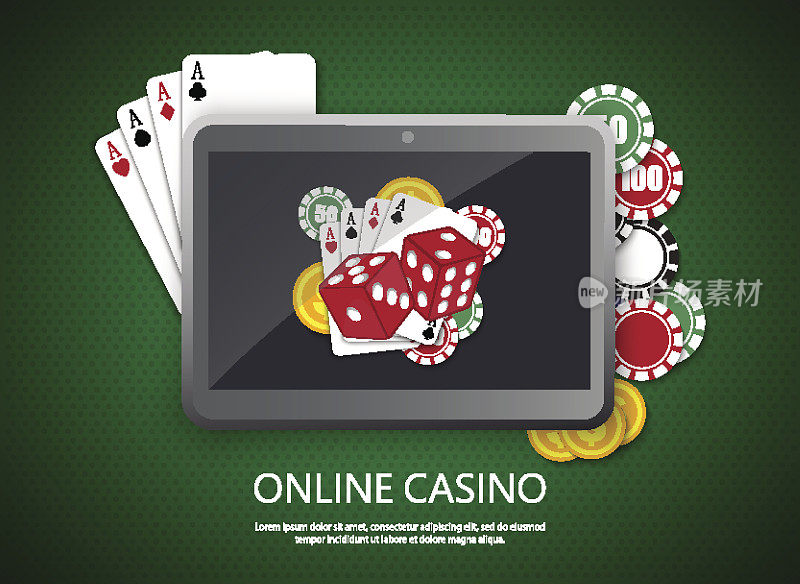 在线赌场设计海报横幅。桌上有扑克筹码和卡片的平板电脑。赌场赌博背景，扑克手机应用。