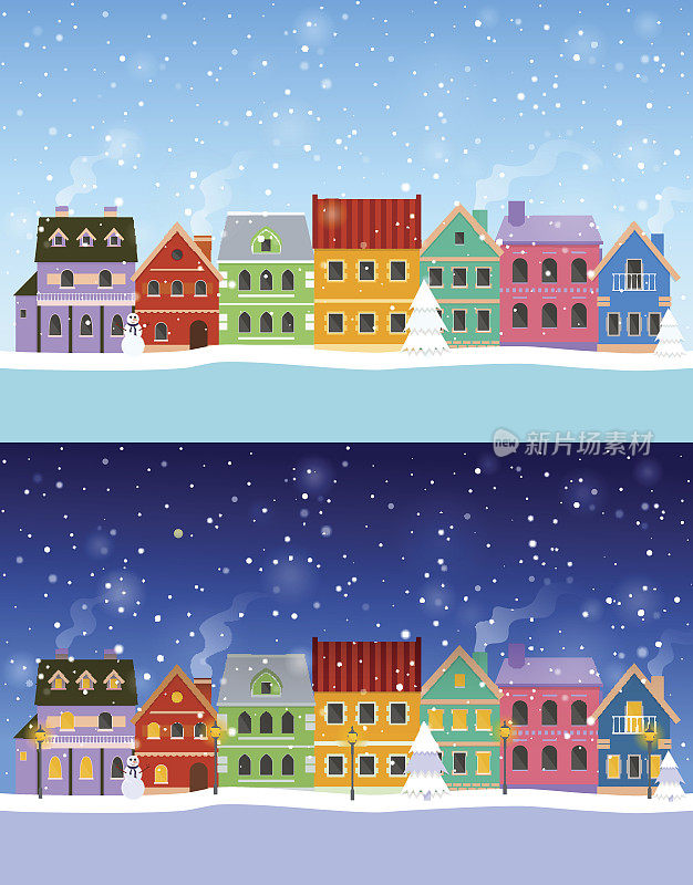 平坦的冬季城市景观:白天和夜晚。城市景观。村庄，城市或城镇矢量插图。